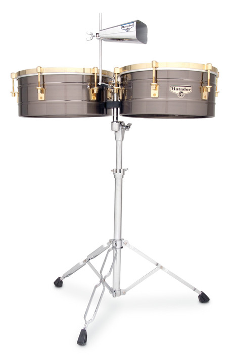 Latin Percussion M257-BNG Matador 14"/15" Timbales featuring brushed nickel and gold shells, chrome hardware, bright projecting tone, and an included cowbell—perfect for salsa, timba, and Latin jazz performances.