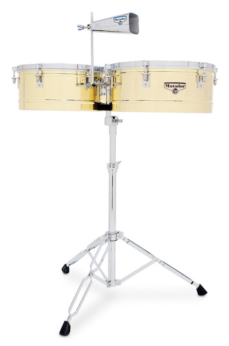 Latin Percussion M257B Matador 14"/15" Brass Timbales featuring polished brass shells, chrome hardware, bright cutting tone, and an included cowbell—ideal for salsa, timba, and Latin jazz performance.