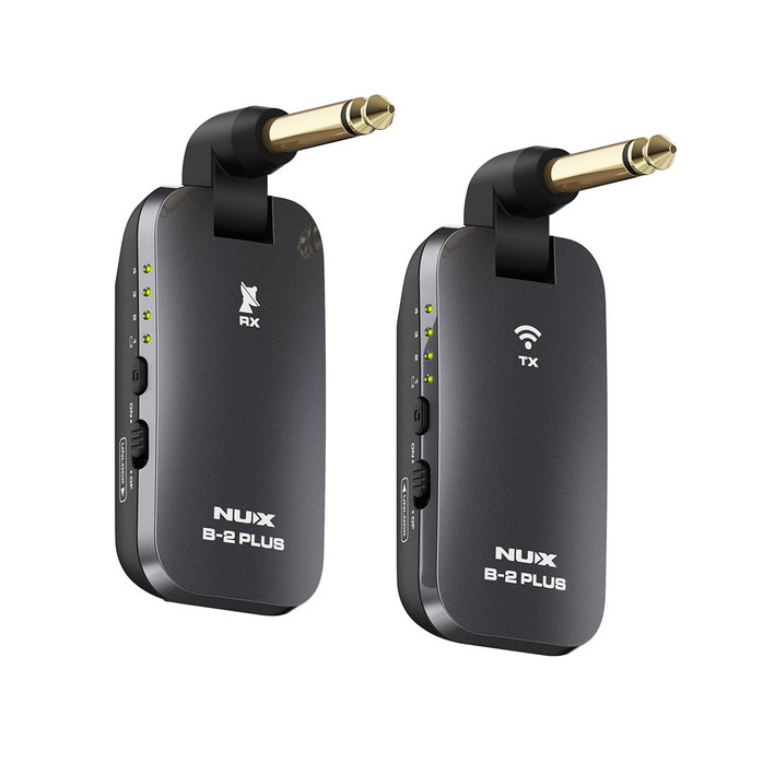 NUX B-2 Plus 2.4GHz Guitar Wireless System featuring a compact transmitter and receiver, high-definition digital audio, ultra-low latency, auto channel selection, and long-lasting rechargeable batteries for guitar and bass players.