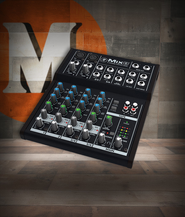 Mackie MIX8 8-Channel Compact Mixer (MIX8) featuring clean preamps, 3-band EQ, multiple input options, and a durable compact design ideal for home studio, rehearsal, and small live sound applications.