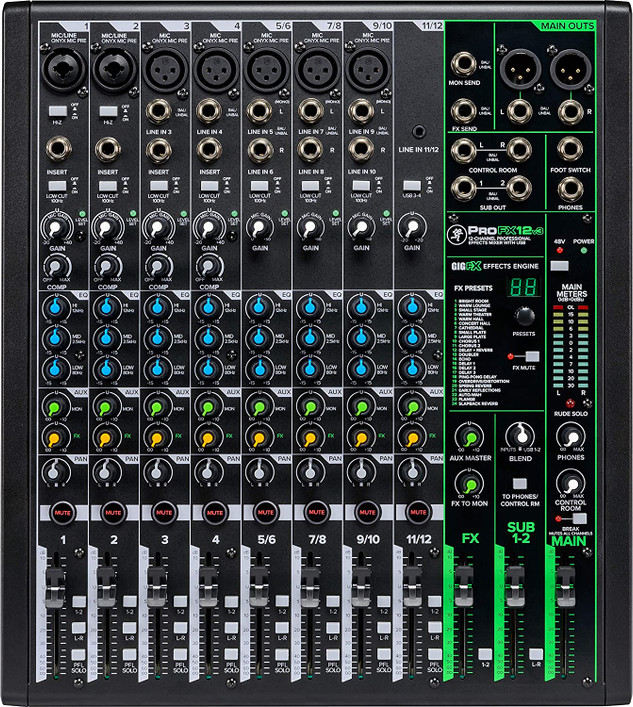 Mackie ProFX12v3 12-Channel Mixer (PROFX12-V3) featuring Onyx mic preamps, built-in effects engine, USB recording interface, and versatile routing for live sound, streaming, and studio work.