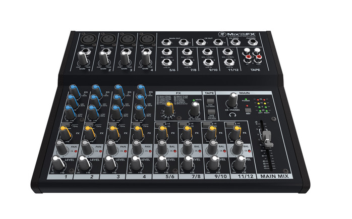 Mackie MIX12FX 12-Channel Compact Mixer (MIX12FX) featuring clean preamps, built-in digital effects, multiple line/mic inputs, and a durable compact design for rehearsals, small performances, and home studio mixing.
