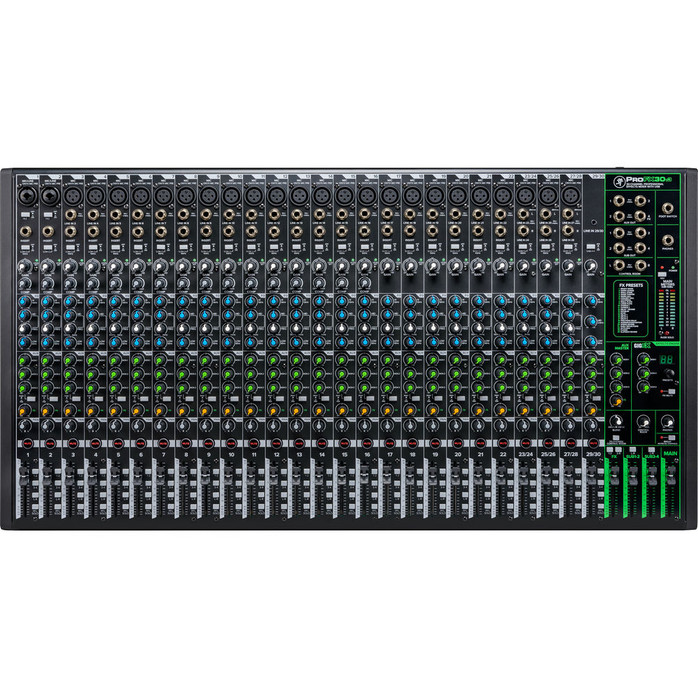 Mackie ProFX30v3 30-Channel Mixer (PROFX30-V3) featuring premium Onyx mic preamps, built-in digital effects engine, 2x4 USB recording interface, and extensive routing for professional large-scale live sound and studio use.
