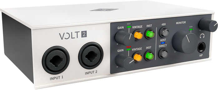 Universal Audio Volt 2 USB Audio Interface (VOLT-2) featuring 2-in/2-out recording, Vintage Mic Preamp mode, USB-C connectivity, MIDI I/O, and studio-quality audio for music production and content creation.