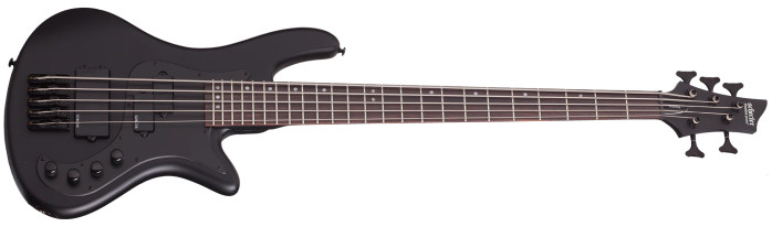 Schecter Stiletto Stealth-5 – Satin Black (2523) featuring active pickups, slim-body design, smooth satin black finish, and tight low-end response ideal for modern bass performance.