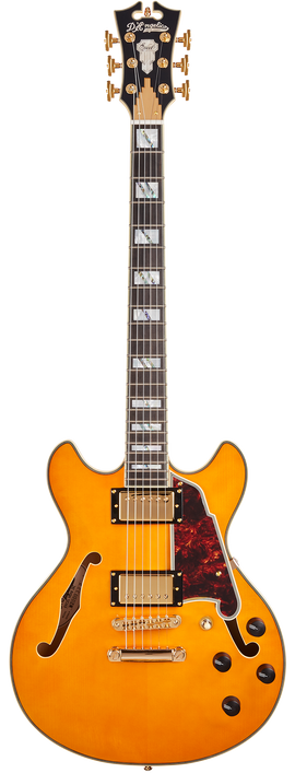 Dâ€™Angelico Excel Mini DC - Vintage Natural (DAEMINIDCVNATGS) featuring a compact semi-hollow body, Seymour Duncan pickups, and a classic Vintage Natural finish designed for expressive, versatile playing.