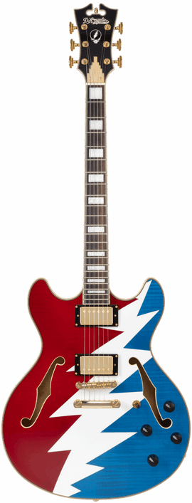 D’Angelico Premier Grateful Dead DC – Red, White, and Blue Lightning Bolt (DAPDCSYF) featuring custom Grateful Dead Lightning Bolt artwork, semi-hollow double-cut body, stop-bar tailpiece, dual humbuckers, and an included custom gig bag.