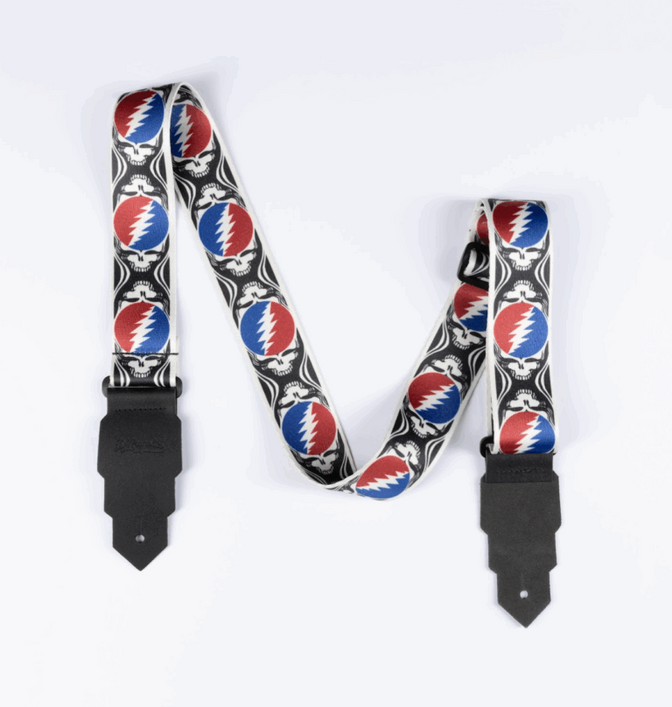 Grateful Dead Guitar Strap “Skulls” – Red, White, and Blue (DAGDSTRAP1) featuring bold skull artwork, durable woven material, and adjustable length for comfortable performance.