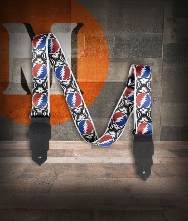 Grateful Dead Guitar Strap “Skulls” – Red, White, and Blue (DAGDSTRAP1) featuring bold skull artwork, durable woven material, and adjustable length for comfortable performance.