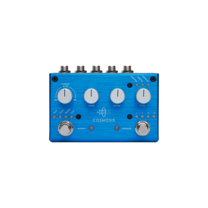 Pigtronix Cosmosis Stereo Reverb with Morphing (COS) featuring stereo ambient algorithms, morphing capability between modes, and deep atmospheric sound design for experimental and modern guitar tones.