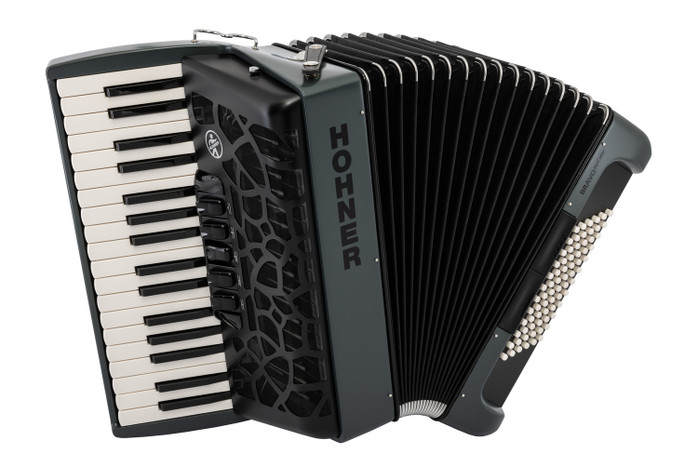 Hohner Bravo MyColor Chromatic 72 Bass Piano Accordion – Wind Granite Gray (BR72-GG) featuring a sleek Granite Gray MyColor finish, smooth keyboard feel, responsive bellows, and classic 72-bass chromatic layout perfect for students and intermediate performers.