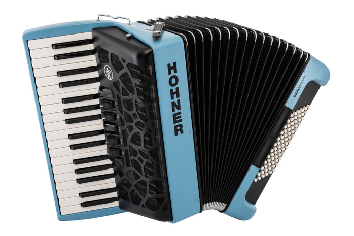 Hohner Bravo MyColor Chromatic 72 Bass Piano Accordion – Sky Rich Blue (BR72-RB) featuring a striking Rich Blue MyColor finish, smooth keyboard action, responsive bellows, and a classic 72-bass chromatic layout for students and intermediate performers.