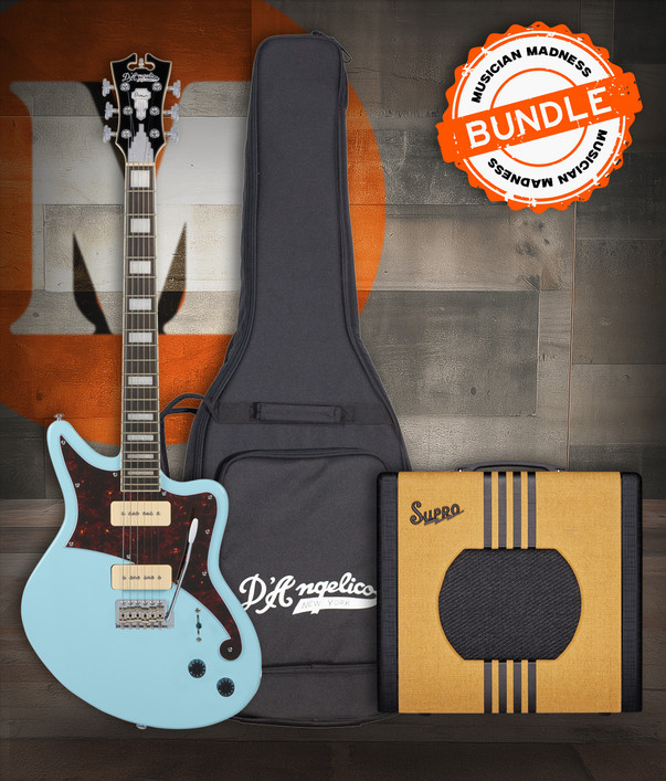 D’Angelico Premier Bedford – Sky Blue Bundle (DAPBEDSBMCTR) featuring an offset solid body electric guitar in Oxblood finish, versatile pickup configuration, and an included gig bag plus Supro Delta King 10 amp.