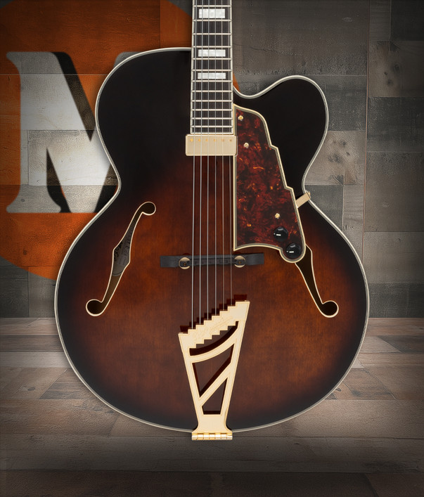 D’Angelico Excel EXL-1 Archtop – Brown Burst (DAPEXL1GBRBGT) featuring a full hollow body, single cutaway design, floating pickup, vintage-style appointments, and a warm Brown Burst finish crafted for classic jazz tone.