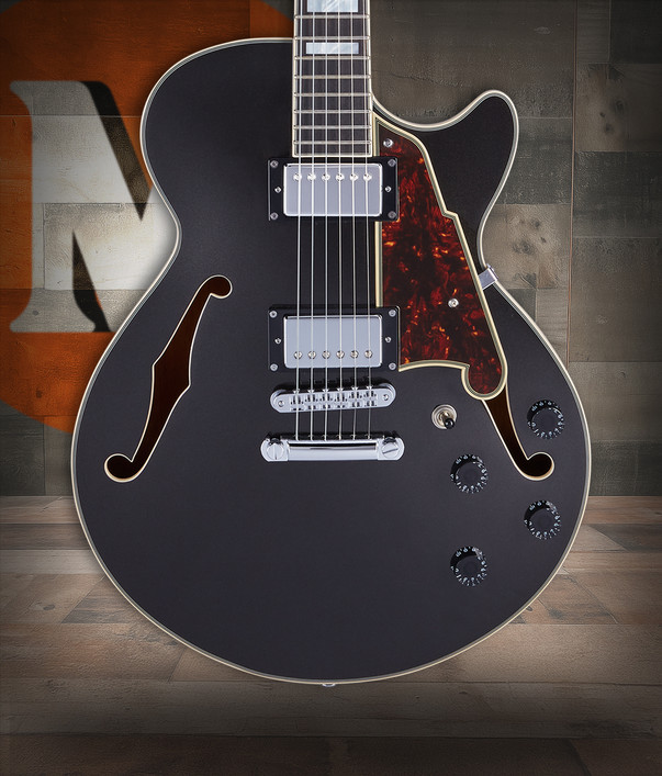 D’Angelico Premier SS Single Cutaway – Black Flake (DAPSSBLFCS) featuring a semi-hollow single-cut body, stop-bar tailpiece, dual humbuckers, and a bold Black Flake finish designed for versatile modern tones.