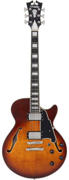 Dâ€™Angelico Premier SS Single Cutaway - Dark Iced Tea Burst (DAPSSDITBNS) featuring a semi-hollow single-cut body, stop-bar tailpiece, dual humbuckers, and a warm Dark Iced Tea Burst finish for expressive modern tones.