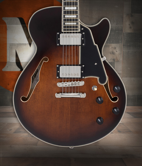 D’Angelico Premier SS Single Cutaway – Brown Burst (DAPSSBRBNS) featuring a semi-hollow single-cut body, stop-bar tailpiece, dual humbuckers, and a warm Dark Iced Tea Burst finish for expressive modern tones.