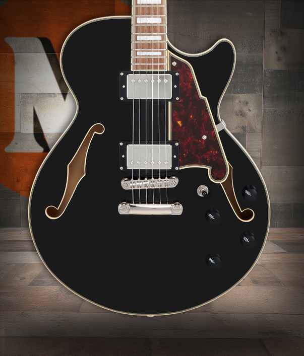 D’Angelico Premier SS Single Cutaway – Black (DAPSSSBKNS) featuring a semi-hollow single-cut body, stop-bar tailpiece, dual humbuckers, and a warm Dark Iced Tea Burst finish for expressive modern tones.