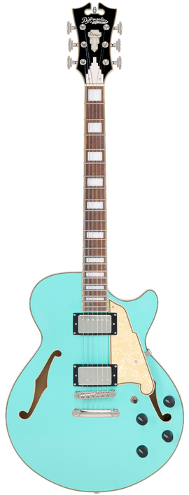 Dâ€™Angelico Premier SS Single Cutaway - Surf Green (DAPSSSGRNS) featuring a semi-hollow single-cut body, stop-bar tailpiece, dual humbuckers, and a warm Dark Iced Tea Burst finish for expressive modern tones.