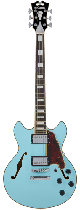 D’Angelico Premier Mini DC – Sky Blue (DAPMINIDCSKBCS) featuring a compact semi-hollow double-cutaway body, stop-bar tailpiece, dual humbuckers, and a bold Sky Blue finish for lightweight versatility and modern tone.