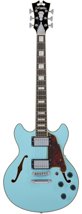 Dâ€™Angelico Premier Mini DC - Sky Blue (DAPMINIDCSKBCS) featuring a compact semi-hollow double-cutaway body, stop-bar tailpiece, dual humbuckers, and a bold Sky Blue finish for lightweight versatility and modern tone.