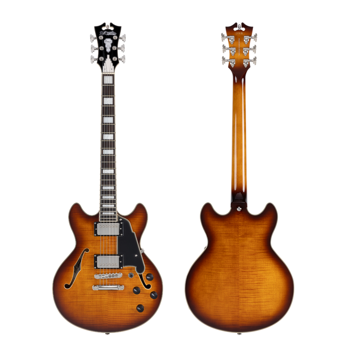 D’Angelico Premier Mini DC – Dark Iced Tea Burst (DAPMDCDITBNS) featuring a compact semi-hollow double-cut design, stop-bar tailpiece, dual humbuckers, and a rich Dark Iced Tea Burst finish for warm, versatile tone.