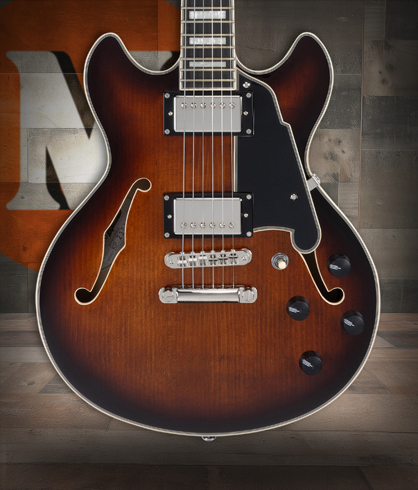 Dâ€™Angelico Premier Mini DC - Brown Burst (DAPMDCBRBNS) featuring a compact semi-hollow double-cut design, stop-bar tailpiece, dual humbuckers, and a rich Dark Iced Tea Burst finish for warm, versatile tone.