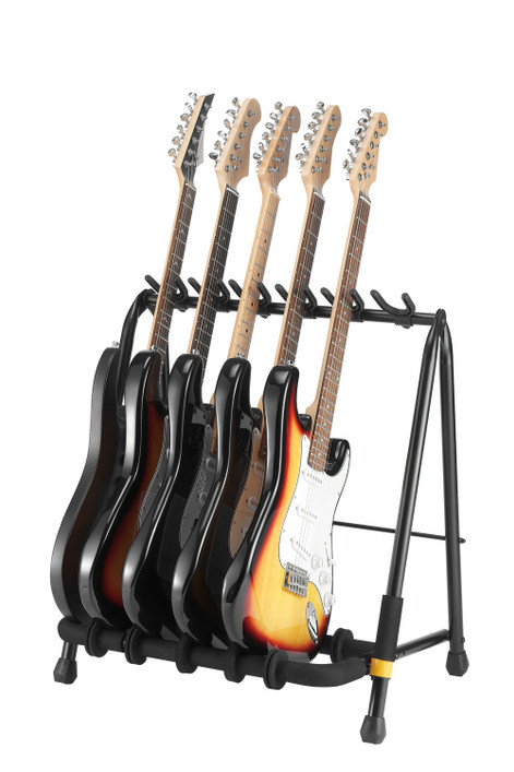Hercules GS523B 3-Piece Guitar Rack Stand featuring padded yokes, a durable foldable frame, and capacity to hold three acoustic, electric, or bass guitars securely.