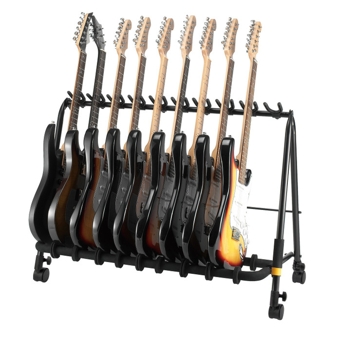Hercules GS525BPLUS 5-Piece Guitar Rack Stand with Casters featuring padded supports, foldable durable frame, and rolling casters for easy transport of up to five guitars.