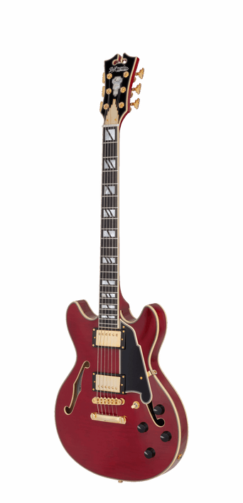 D’Angelico Mini Double Cutaway electric guitar in Trans Cherry featuring a compact double-cut body, stop-bar tailpiece, humbucker pickups, chrome hardware, and classic D’Angelico tone and styling.