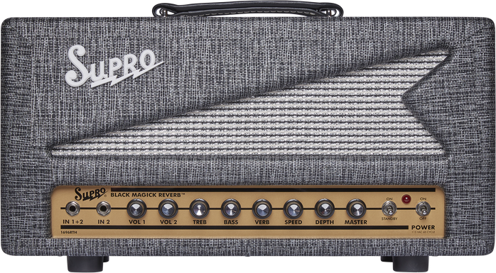 Supro Black Magick Reverb guitar amplifier head in Black Rhino featuring vintage-voiced tube circuitry, built-in reverb, bold tonal character, and classic Supro aesthetic design.