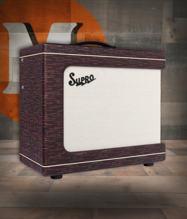 Supro Delegate 1x12 combo amplifier in Burgundy Gold Scandia featuring 25-watt tube power, built-in reverb, classic Supro circuitry, and expressive tonal character.