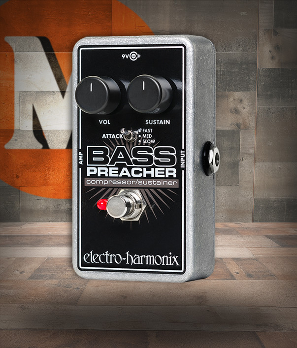 Electro-Harmonix Bass Preacher pedal featuring responsive compression controls, enhanced sustain for bass guitar, durable construction, and clean dynamic shaping for studio or live performance.