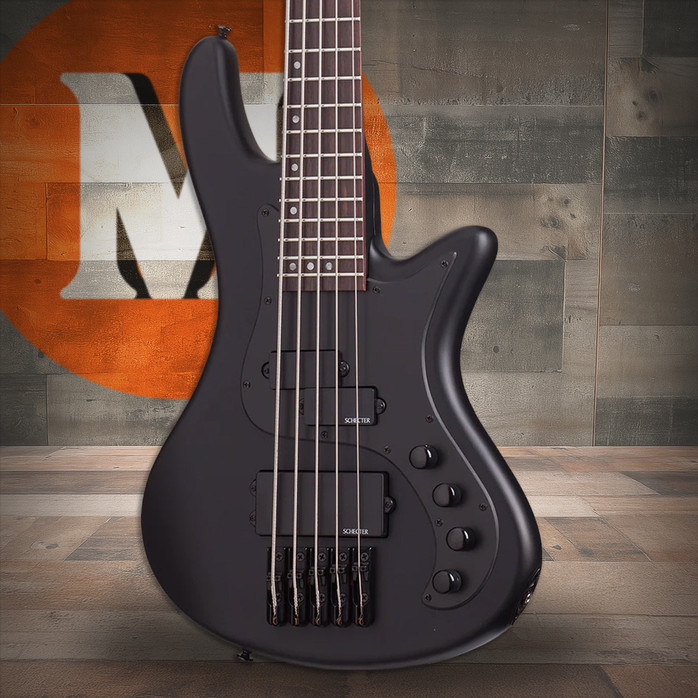 Schecter Stiletto Stealth-5 – Satin Black (2523) featuring active pickups, slim-body design, smooth satin black finish, and tight low-end response ideal for modern bass performance.