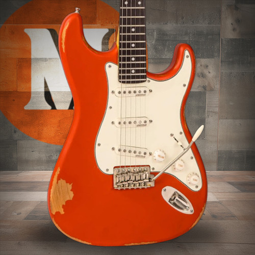 Vintage V6 ICON Electric Guitar - Distressed Firenza Red (V6MRFR