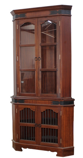 Corner display cabinet with internal shelves and wood finish.
