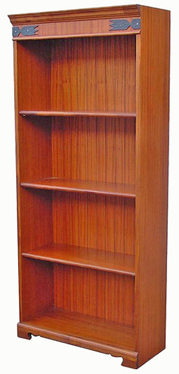 Four-shelf open bookcase in natural wood.