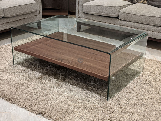 Bent Glass Coffee Table With Dark Oak Shelf Bent Glass Coffee Table With Dark Oak Shelf