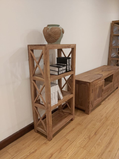 Tall acacia wood bookcase with multiple open shelves.