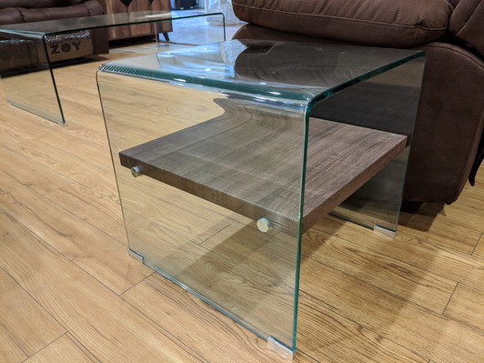 Bent Glass End Table With Dark Oak Shelf Bent Glass End Table With Dark Oak Shelf