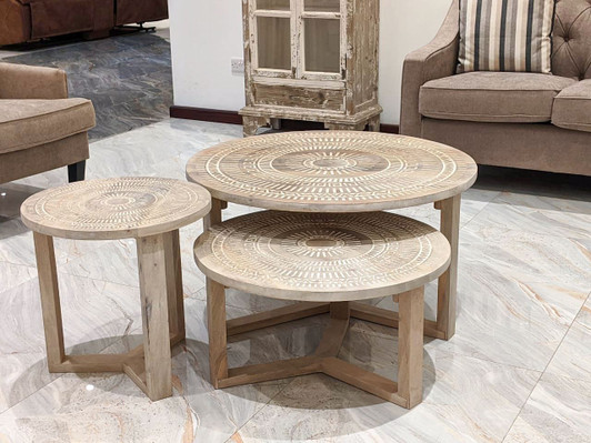 Lima Circular Nest Coffee Table Set of 3 in White wash Lima Circular Nest Coffee Table Set of 3 in White wash