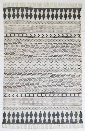 Cotton Block Print Durrie With Fringes -MH-6226 - 1.6 X 2.3m Cotton Block Print Durrie With Fringes -MH-6226 - 1.6 X 2.3m