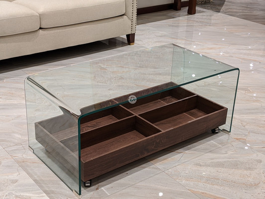 Bent Glass Coffee table with Moveable Tray