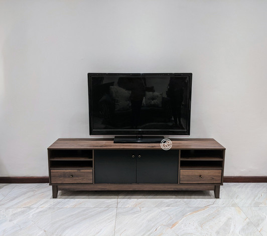 TV cabinet 1.8M in walnut and black finish with wide top surface, two side compartments, and central open shelf for media devices.