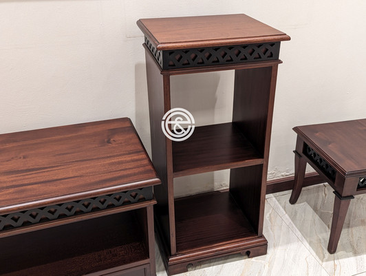 Open shelf unit with two cubed storage spaces and clean wood finish.