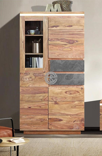 Four-door display cabinet with two lower drawers in sheesham wood.