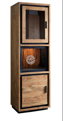 Two-door display cabinet with interior shelf storage.