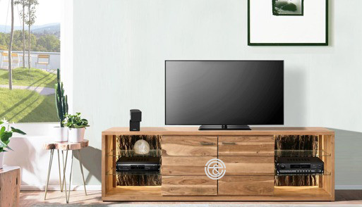 Acacia wood TV credenza with glass shelves & textured wood on the back that shows when lit up