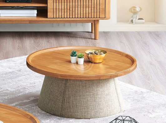 Circular center table in pecan oak finish with canvas detailing