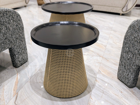 End table in cappuccino finish with rattan detailing and solid rubber wood frame
